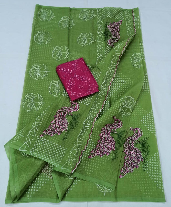 Kota Doria Cotton Green Color Embroidered Saree with Fine Block Print