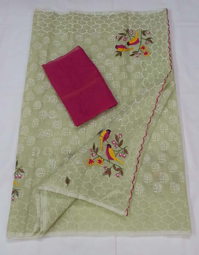 Kota Doria Cotton Green Color Embroidered Saree with Fine Block Print