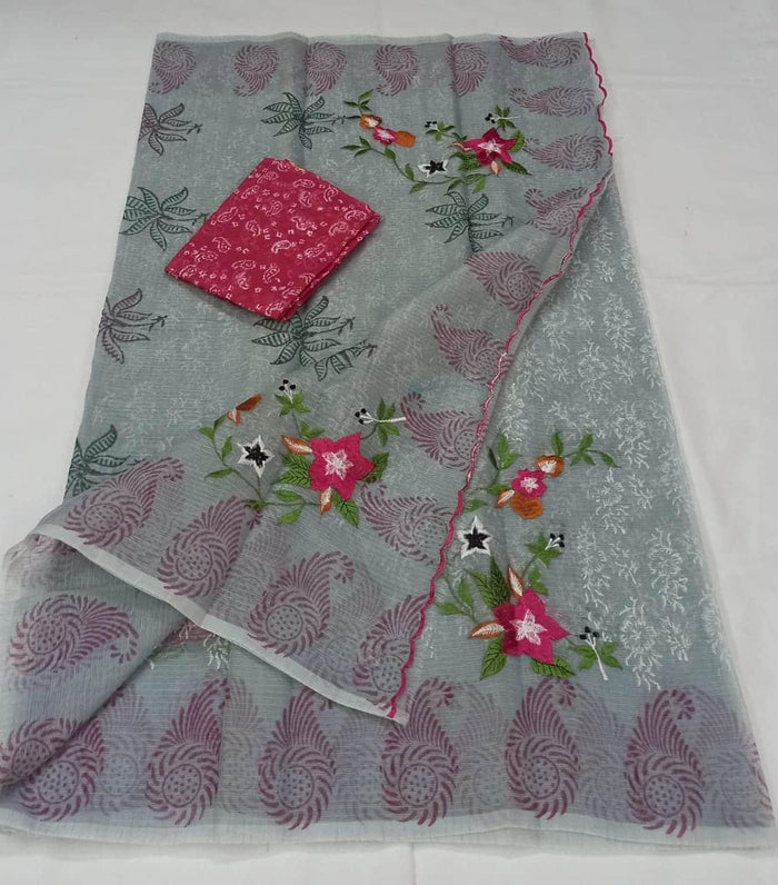 Kota Doria Cotton Grey Color Embroidered Saree with Fine Block Print