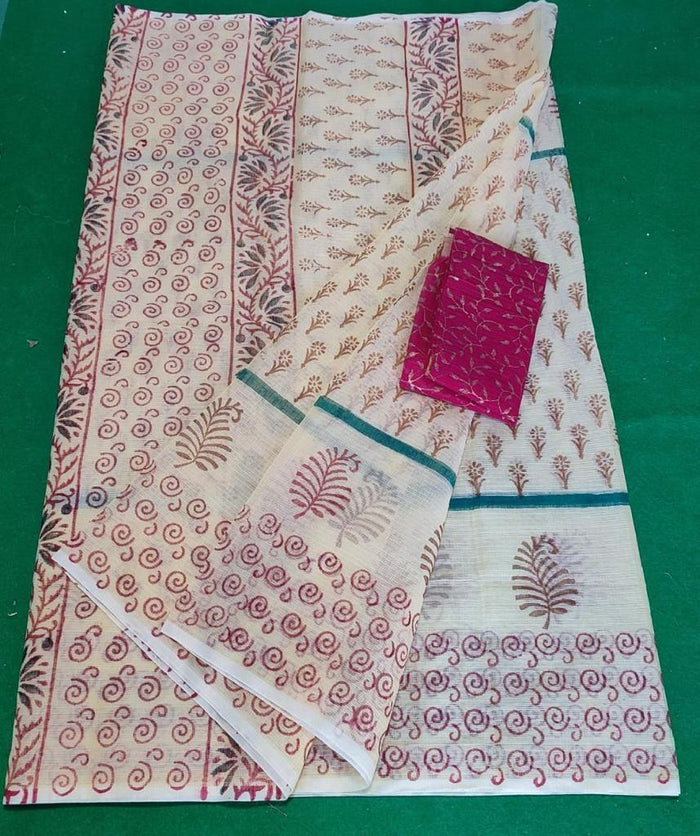 Block Printed Kota Doria Saree - Beige Color