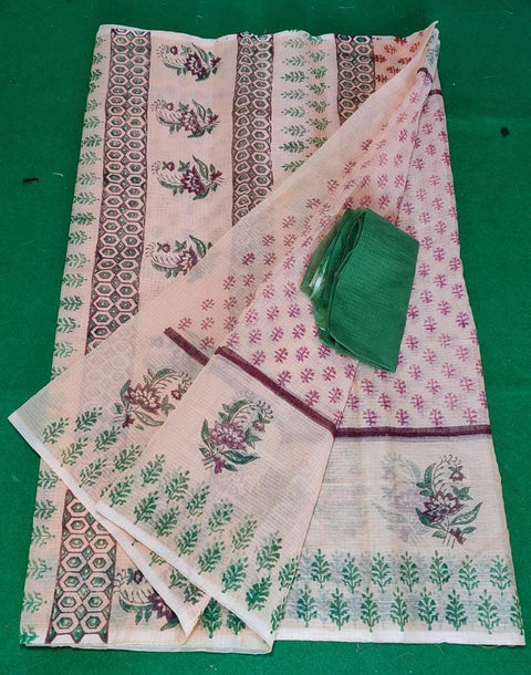 Kota Doria Cotton Hand Block Printed Beige Color Saree - Trend In Need