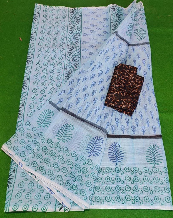 Block Printed Kota Doria Saree - Blue Color
