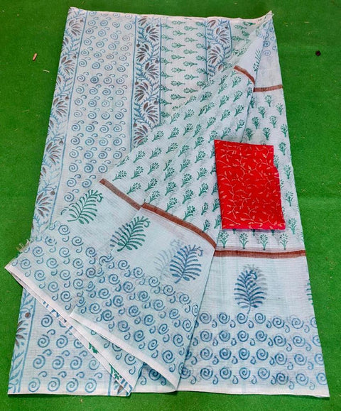 Kota Doria Cotton Hand Block Printed Blue Color Saree - Trend In Need