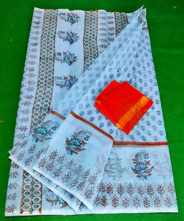 Block Printed Kota Doria Blue Color Saree