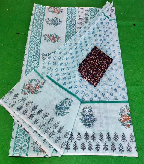 Kota Doria Cotton Hand Block Printed Blue Color Saree - Trend In Need