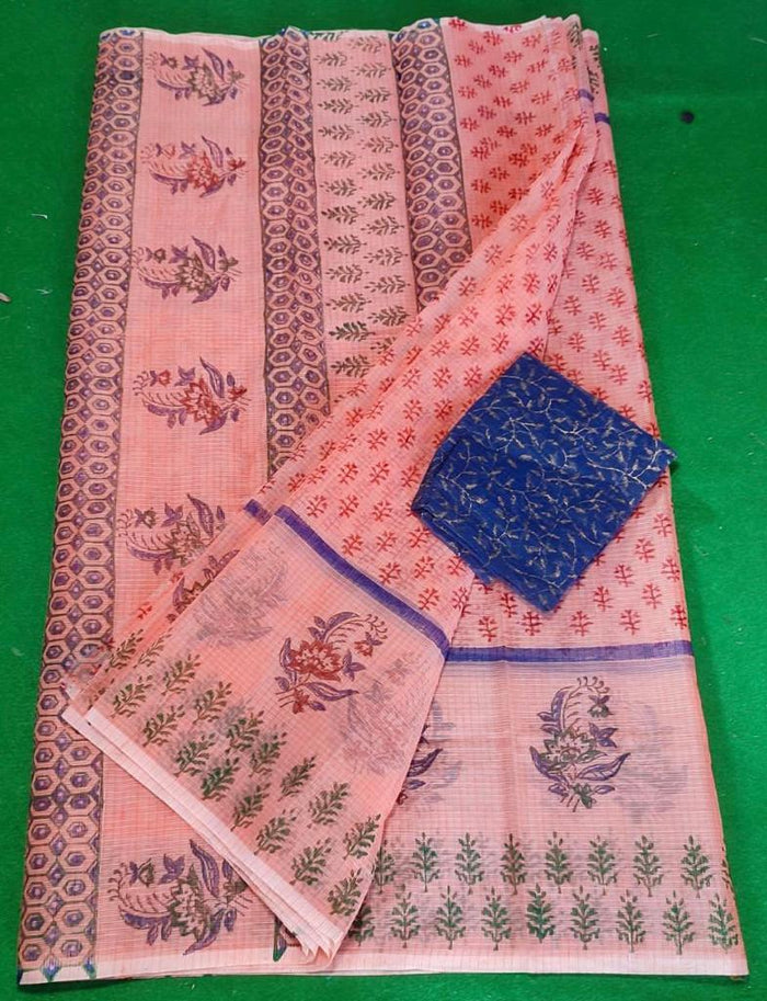 Block Printed Kota Doria Saree - Peach Color