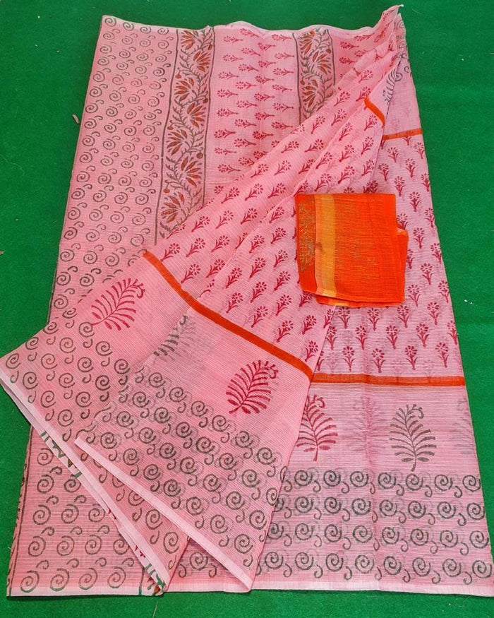 Block Printed Kota Doria Saree - Pink Color
