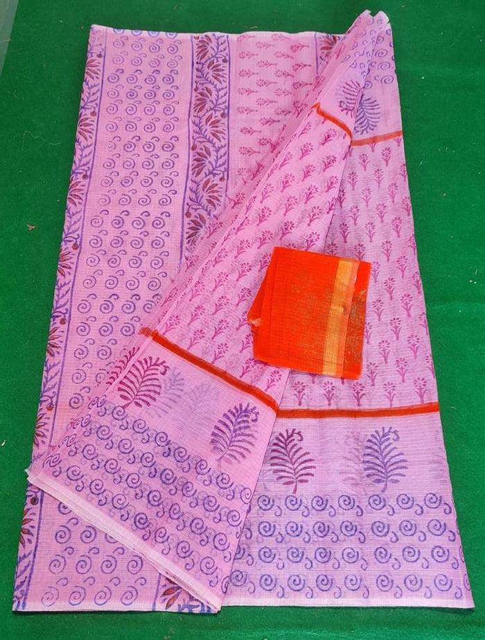 Block Printed Kota Doria Saree - Pink Colour