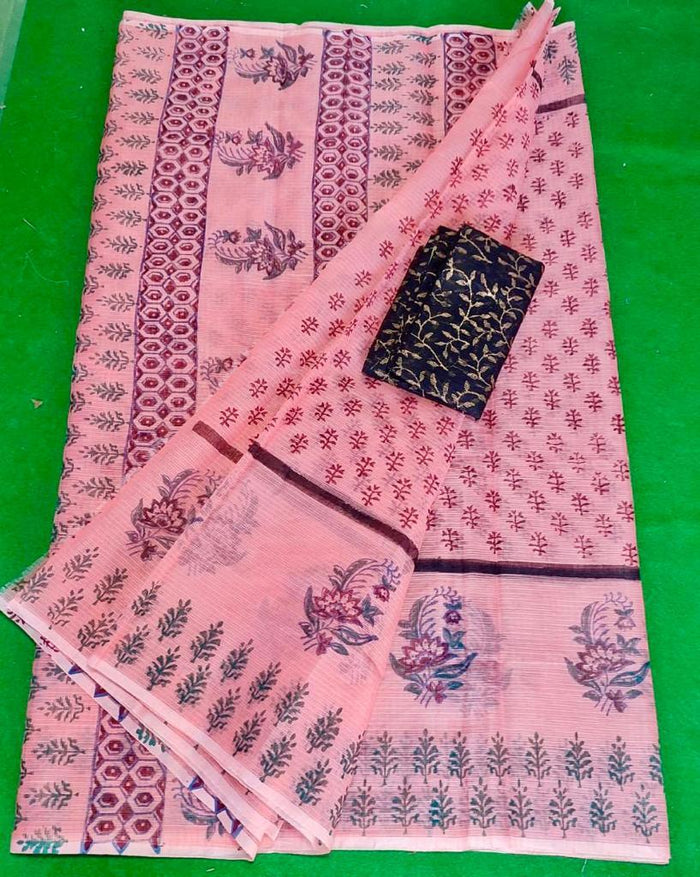Block Printed Kota Doria Saree - Pink Colour