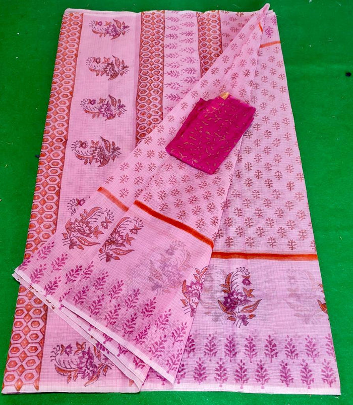 Block Printed Kota Doria Saree - Pink