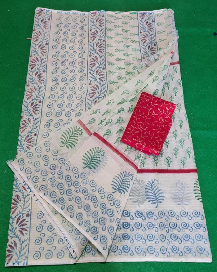 Block Printed Kota Doria Saree - White Color
