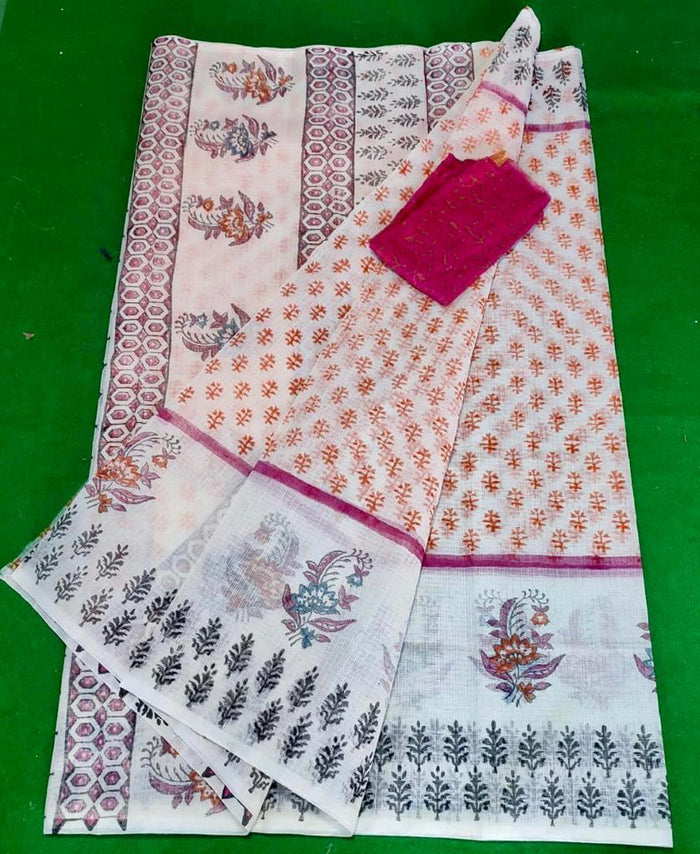 Block Printed Kota Doria Saree  - White