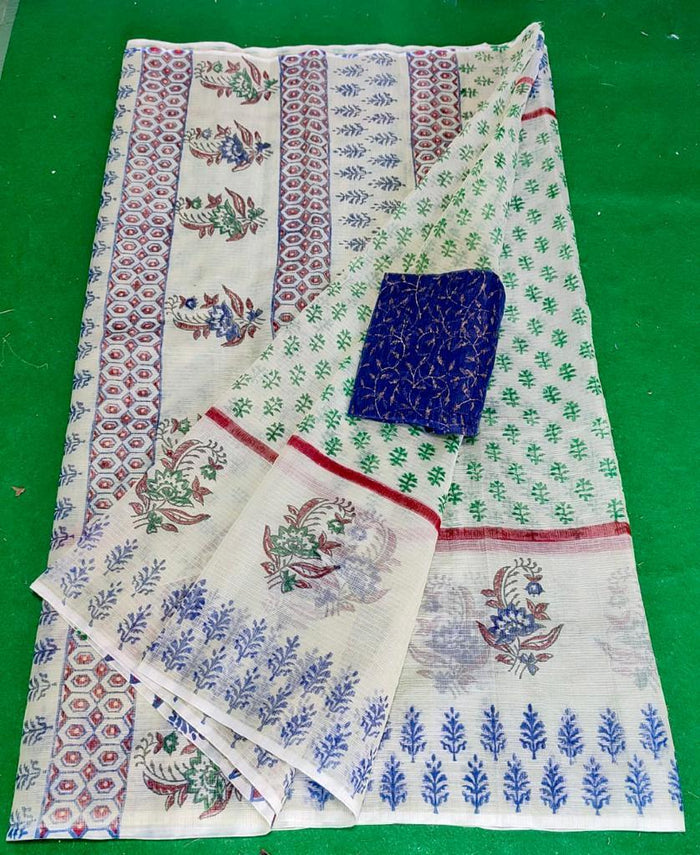 Block Printed Kota Doria White Color Saree