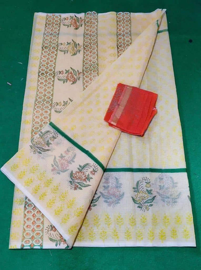 Block Printed Kota Doria Saree - Yellow Color