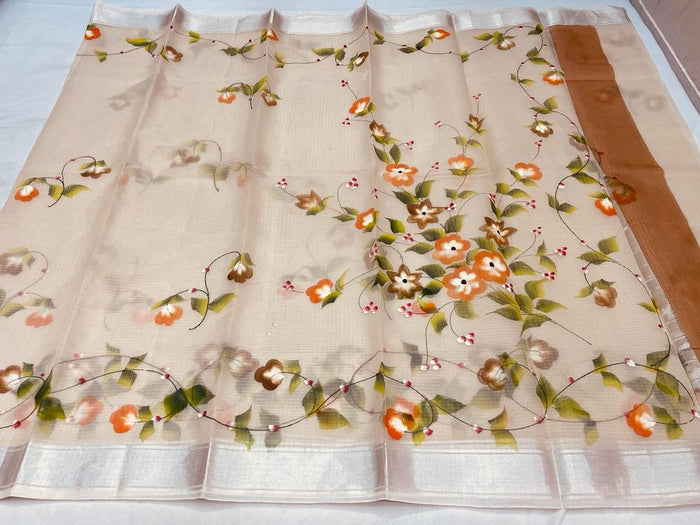 Kota Doria Cotton Hand Painted Beige Color Saree