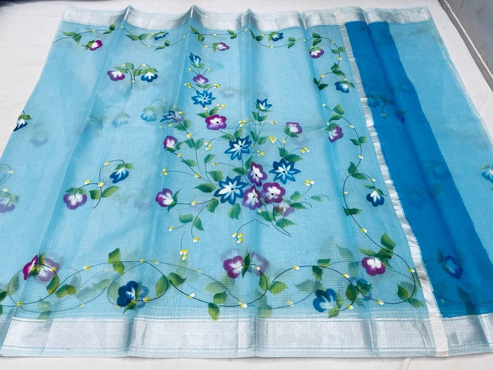 Kota Doria Cotton Hand Painted Blue Color Saree