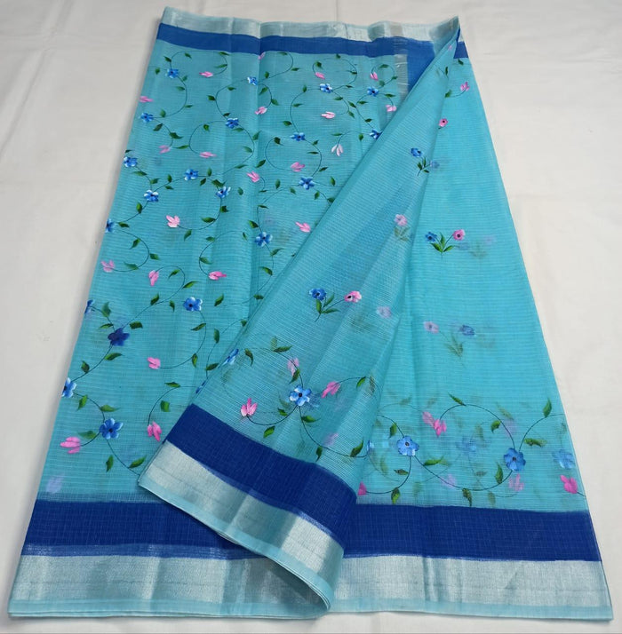 Hand Painted Kota Doria Cotton Saree - Blue Colour