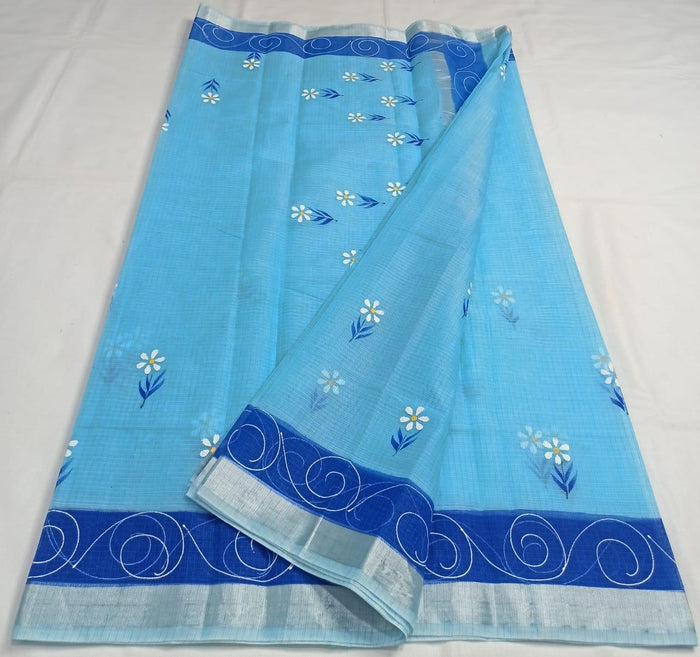 Kota Doria Saree With Floral Hand Painted Design - Blue Color