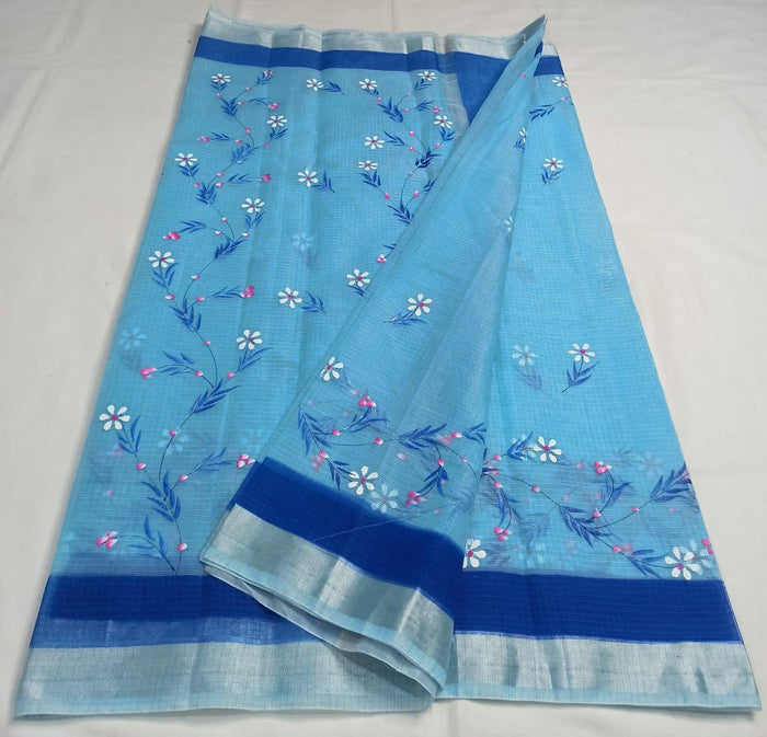 Hand Painted Kota Cotton Saree - Blue Color