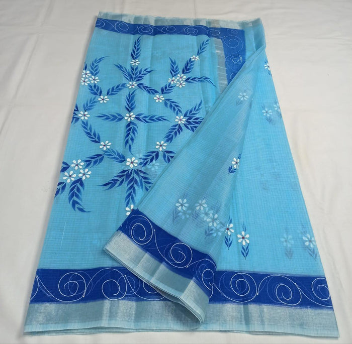 Kota Doria Cotton Mix Hand Painted Saree - Blue Color