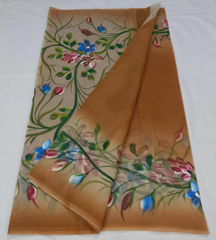 Hand  Painted  Kota Doria Saree - Brown Color