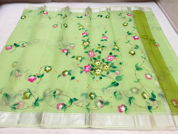 Kota Doria Cotton Hand Painted Green Color Saree