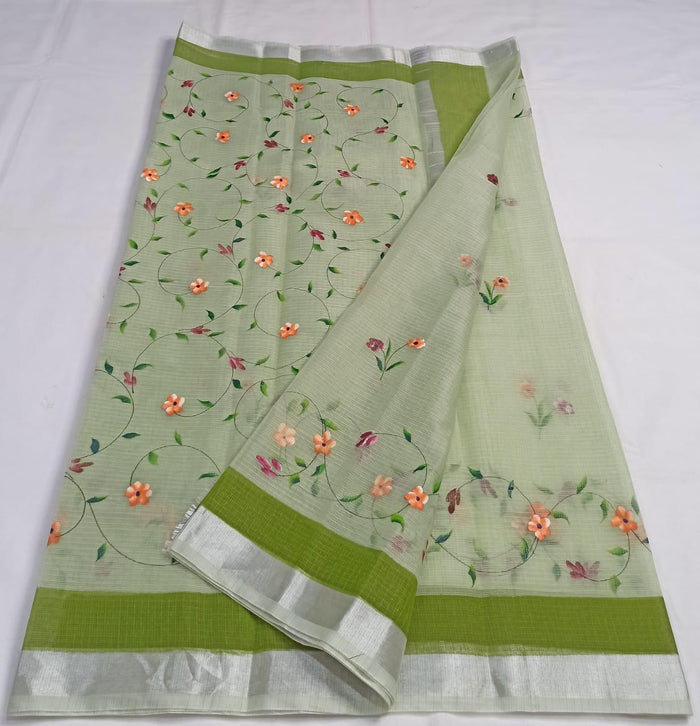 Hand Painted Kota Doria Cotton Saree - Green Colour