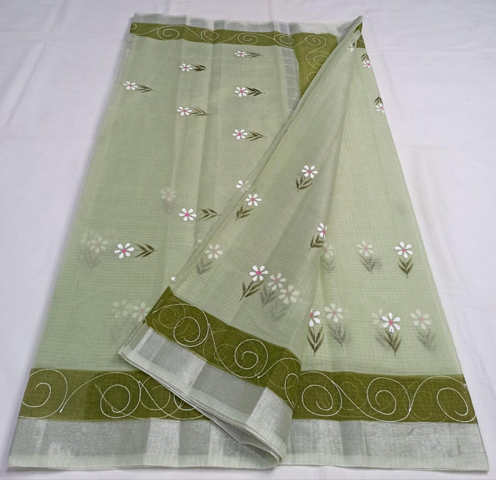 Kota Doria Saree With Floral Hand Painted Design - Green Color