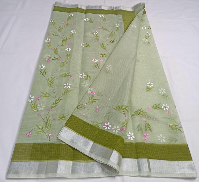 Hand Painted Kota Cotton Saree - Green Color