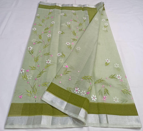 Kota Doria Cotton Hand Brush Painted Green Color Saree - Trend In Need