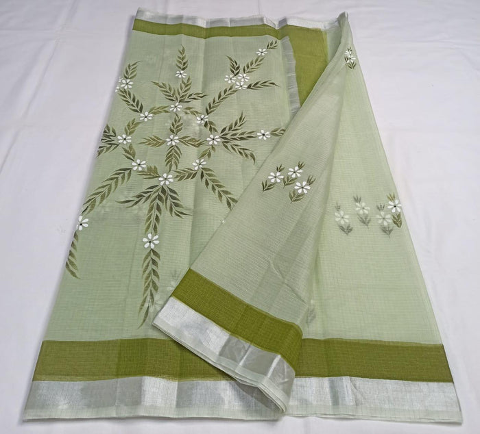 Kota Doria Cotton Mix Hand Painted Saree - Green Color