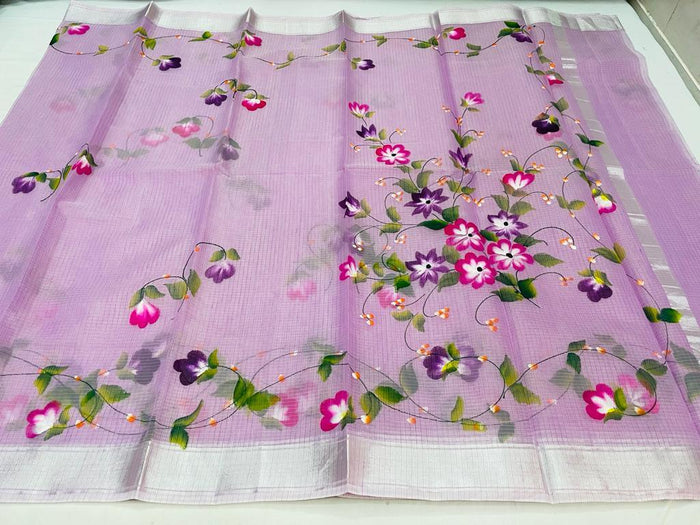 Kota Doria Cotton Hand Painted Lavender Color Saree