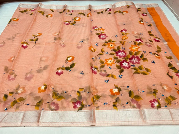Kota Doria Cotton Hand Painted Orange Color Saree
