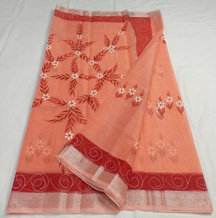 Kota Doria Cotton Mix Hand Painted Saree - Peach Color