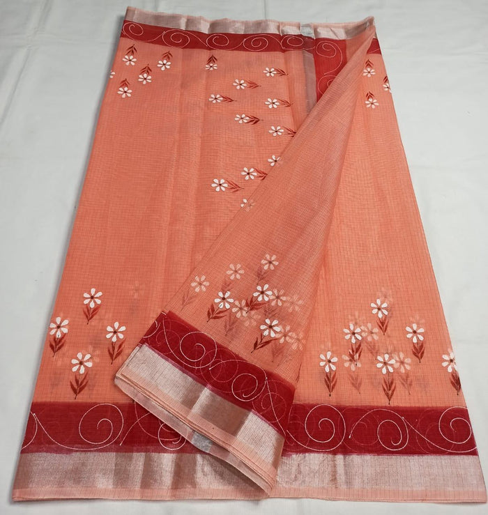Kota Doria Saree With Floral Hand Painted Design - Peach Color