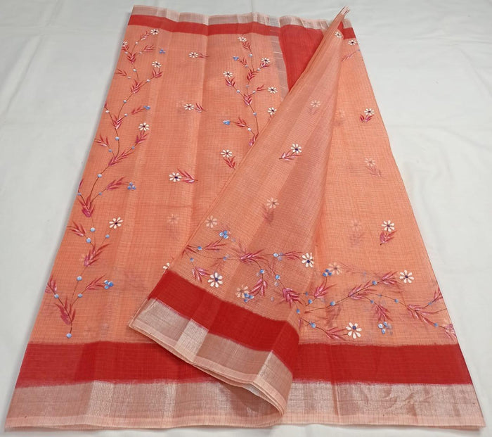 Hand Painted Kota Cotton Saree - Peach Color