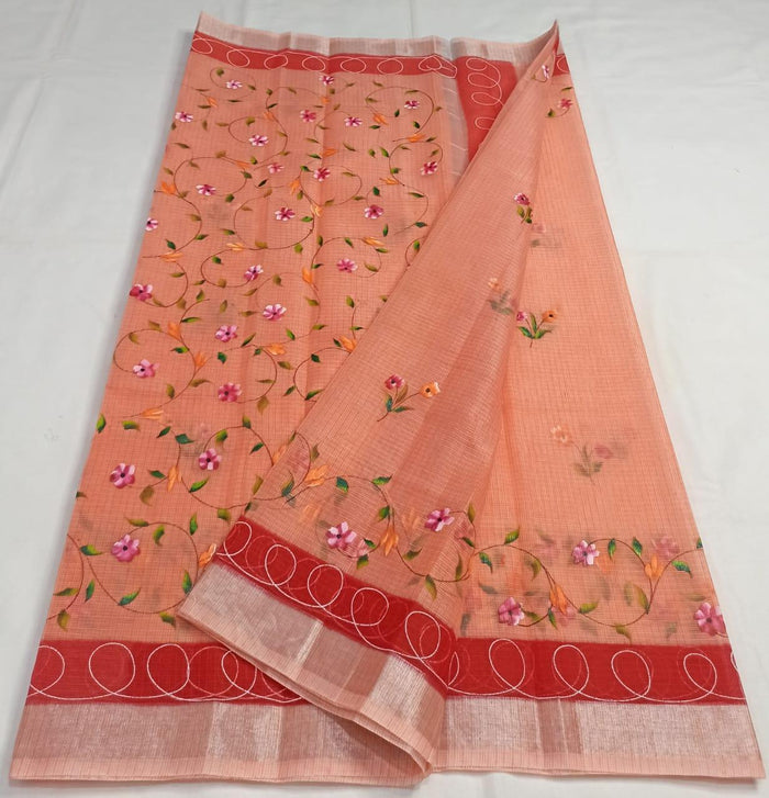 Hand Painted Kota Doria Cotton Saree - Peach Colour