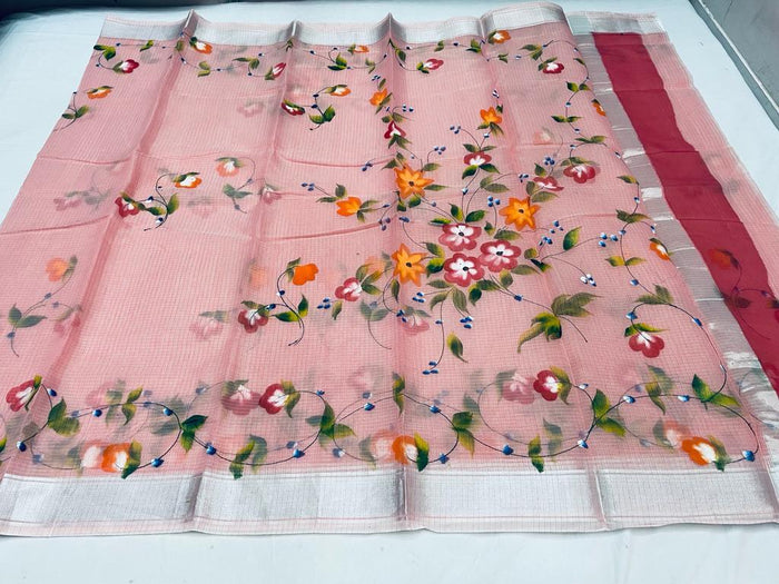 Kota Doria Cotton Hand Painted Pink Color Saree