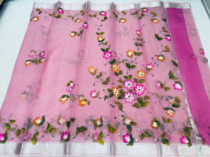 Kota Doria Cotton Hand Painted Pink Color Saree