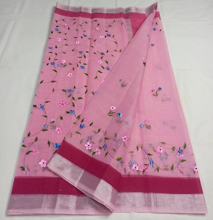 Hand Painted Kota Doria Cotton Saree - Pink Colour