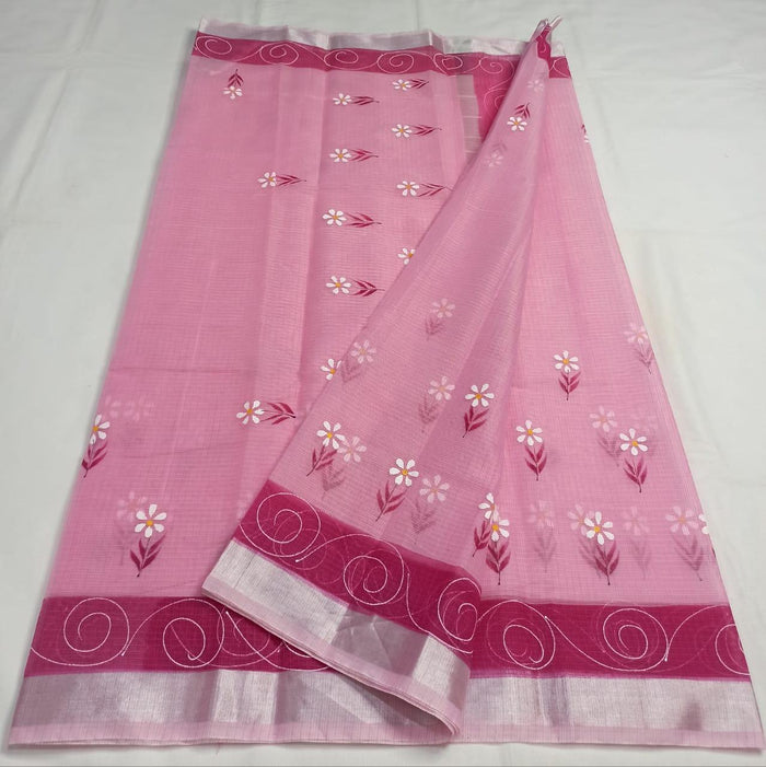 Kota Doria Saree With Floral Hand Painted Design- Pink Color