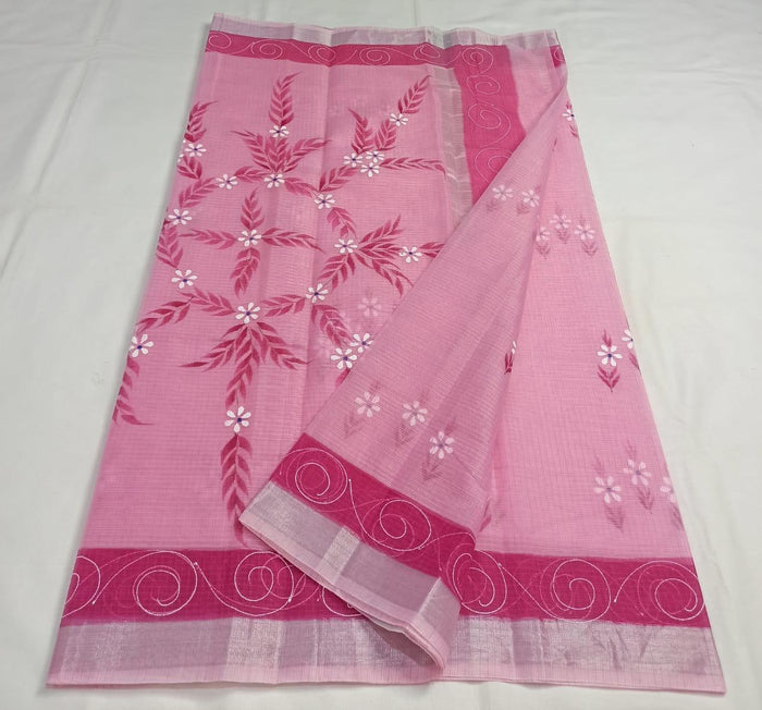 Kota Doria Cotton Mix Hand Painted Saree - Pink Color