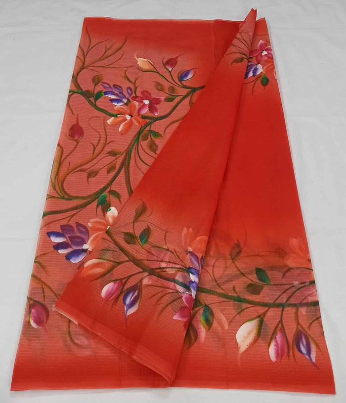 Hand  Painted  Kota Doria Saree - Red Colour