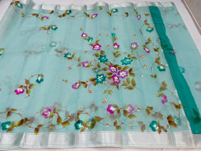 Kota Doria Cotton Hand Painted Sea Blue Color Saree