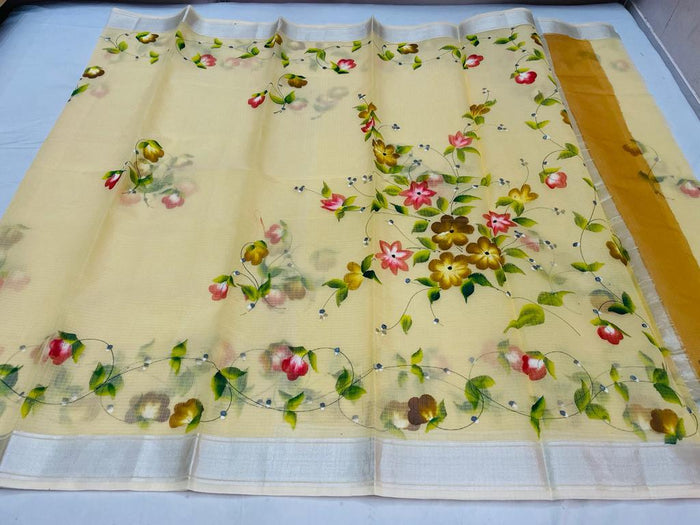 Kota Doria Cotton Hand Painted Yellow Color Saree