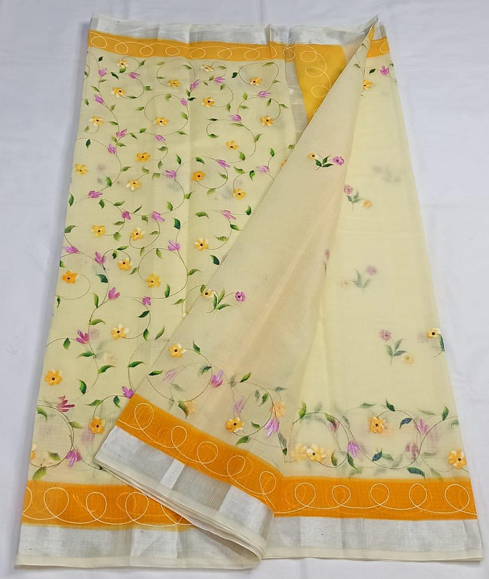 Hand Painted Kota Doria Cotton Saree - Yellow Colour