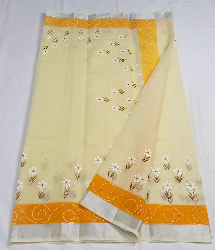 Kota Doria Saree With Floral Hand Painted Design - Yellow Color