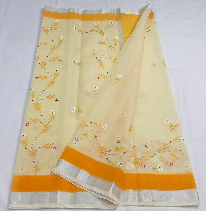 Hand Painted Kota Cotton Saree - Yellow Color