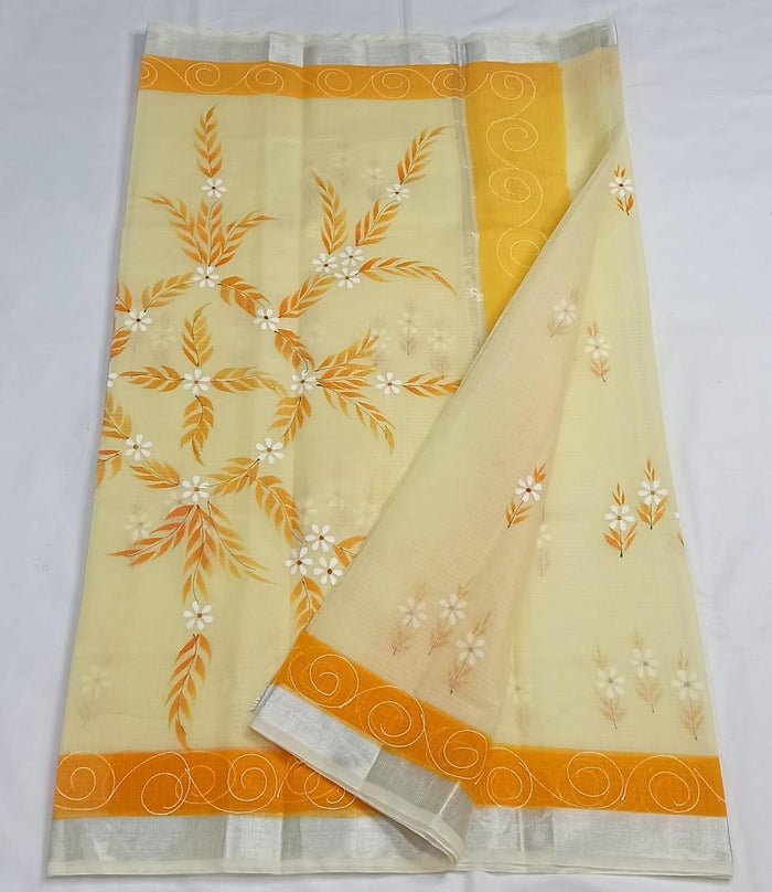 Kota Doria Cotton Mix Hand Painted Saree - Yellow Color