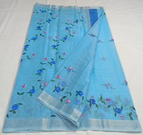 Kota Doria Cotton Hand Brush Printed Saree - Trend In Need